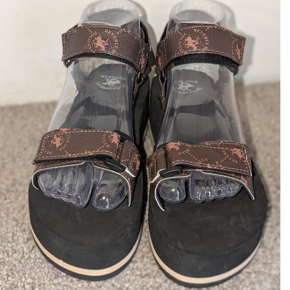 Beverly Hills Polo Club Brown‎ Logo Platform Sandals 7 Black Chunky NWOT